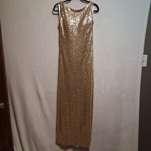 Christina Wu Celebration 8 Gown Dress Gold Sequin Cowl Back Formal Event Wedding